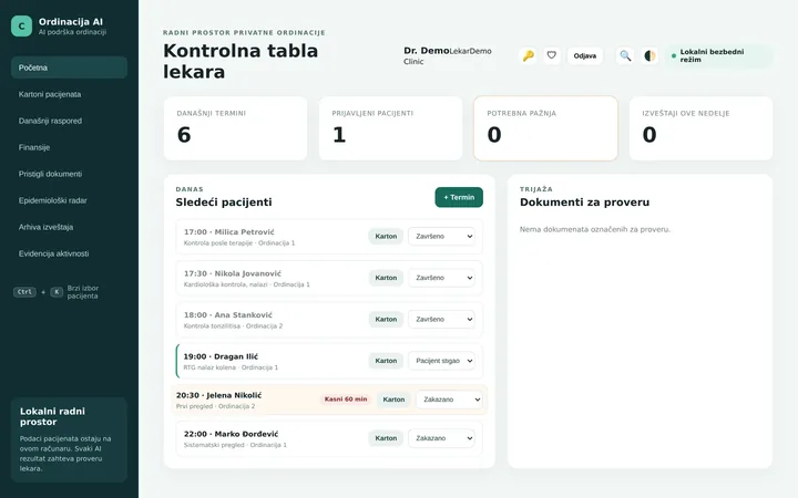 AI asistent za ordinacije, prikaz aplikacije